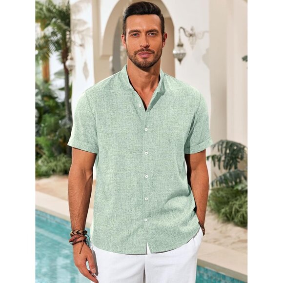 💫 Men Green Casual Button Down Shirts Short Sleeve Banded Collar Hippie Tops - Picture 2 of 5
